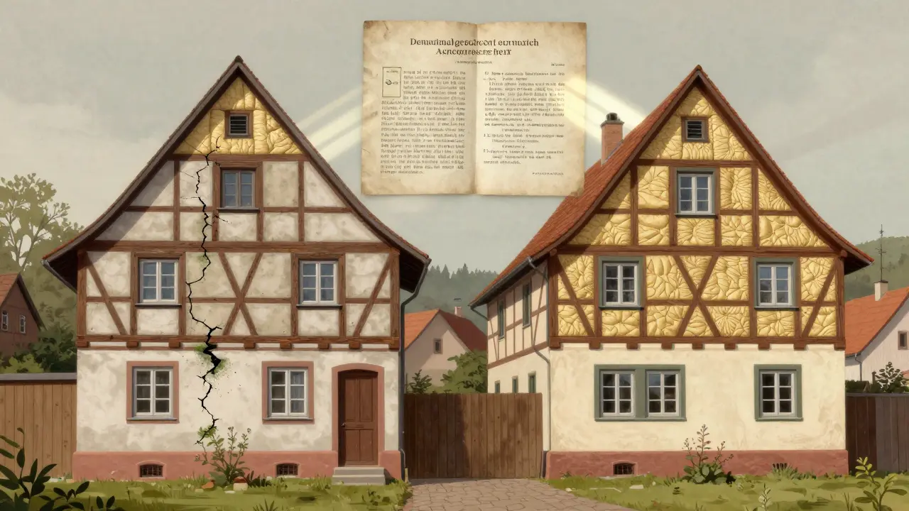 Vergleich: links kaputtes Fachwerkhaus durch modernen Dämmstoff, rechts richtig saniert mit Hanf und Kalk.