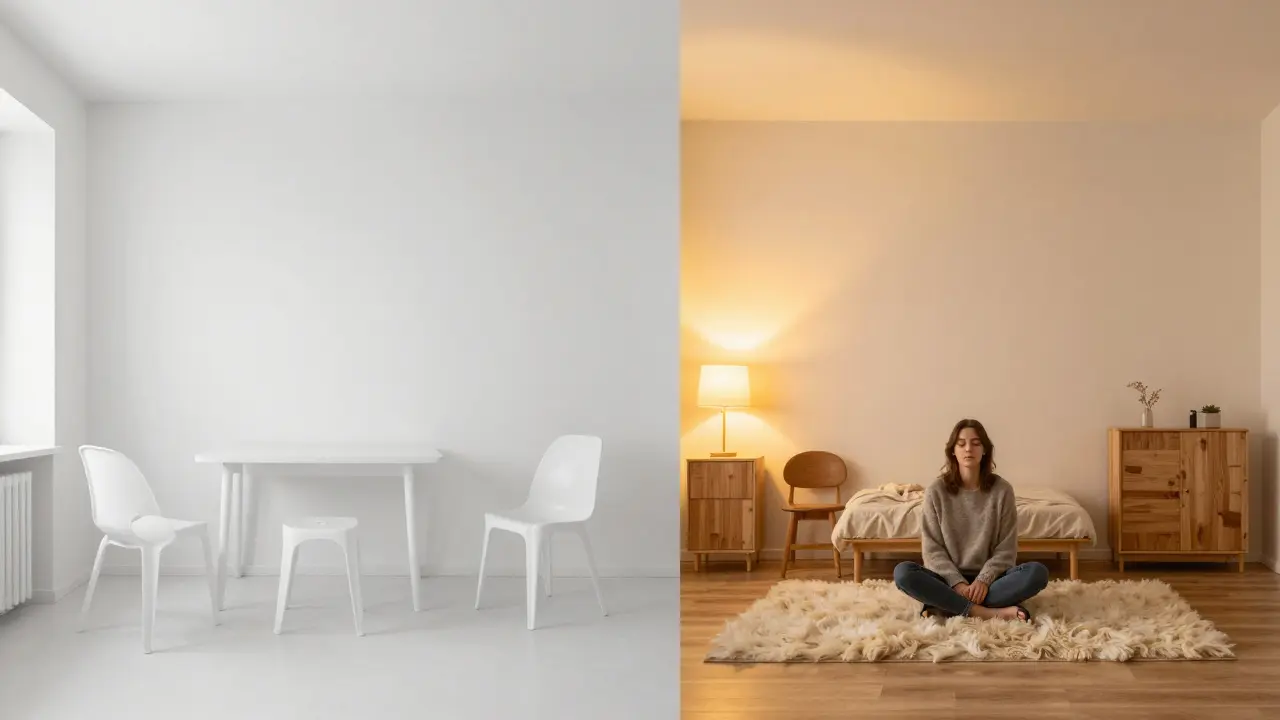 Vergleich: Steriles Weiß links, warmes, natürliches Nordic-Design rechts — mit einer Person in ruhiger Haltung.