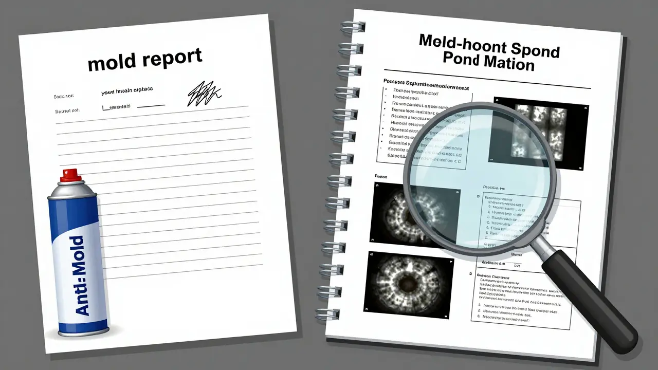 Vergleich zwischen einem billigen Schimmelbericht und einem professionellen Gutachten mit Laboranalysen.