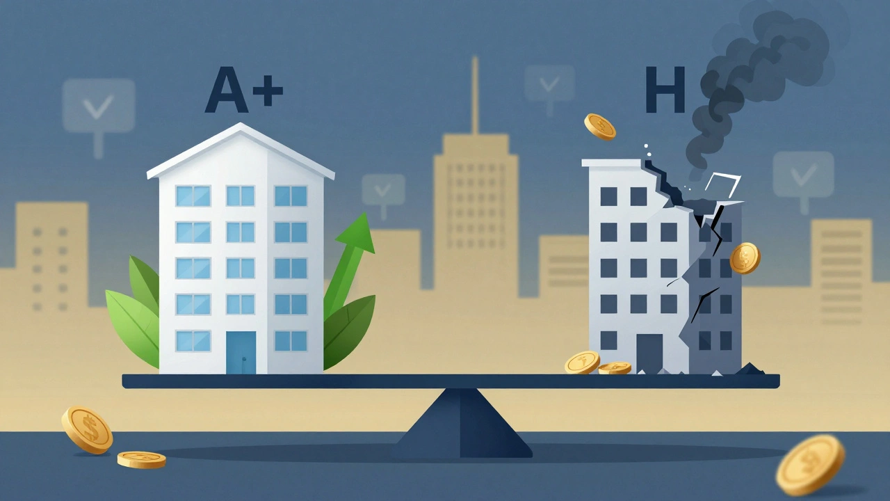 Waage mit energieeffizientem Haus A+ gegen ineffizientes Haus H, symbolisch dargestellt