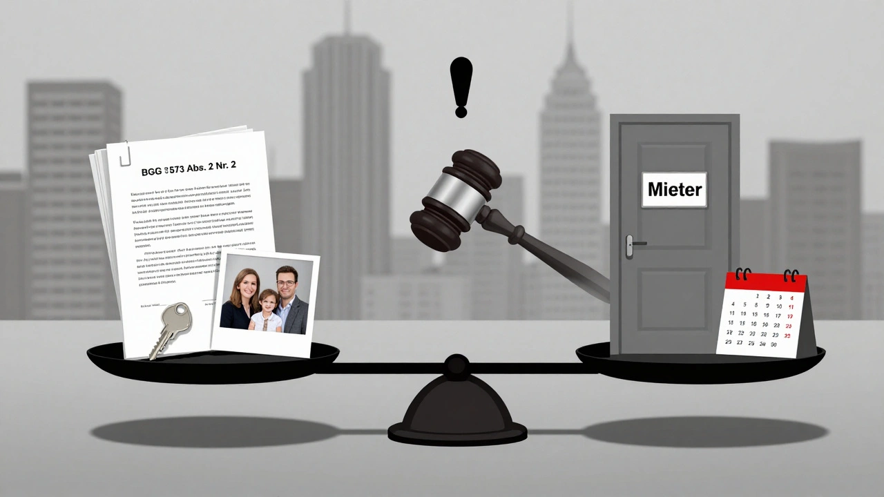 Waage mit Rechtsdokumenten und Familienfotos gegen verschlossene Wohnungstür, symbolisiert rechtliche Abwägung.