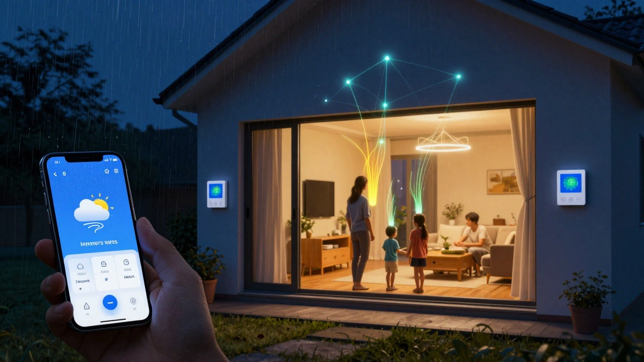 Wärmesignale in einem Haus, die smarte Heizungssteuerung visualisieren, verbunden mit Wetterdaten.