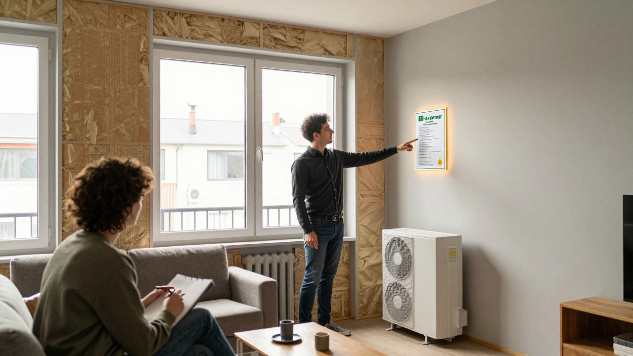 Wohnzimmer mit moderner Dämmung und Energieausweis, Real Estate Agent zeigt Dokument