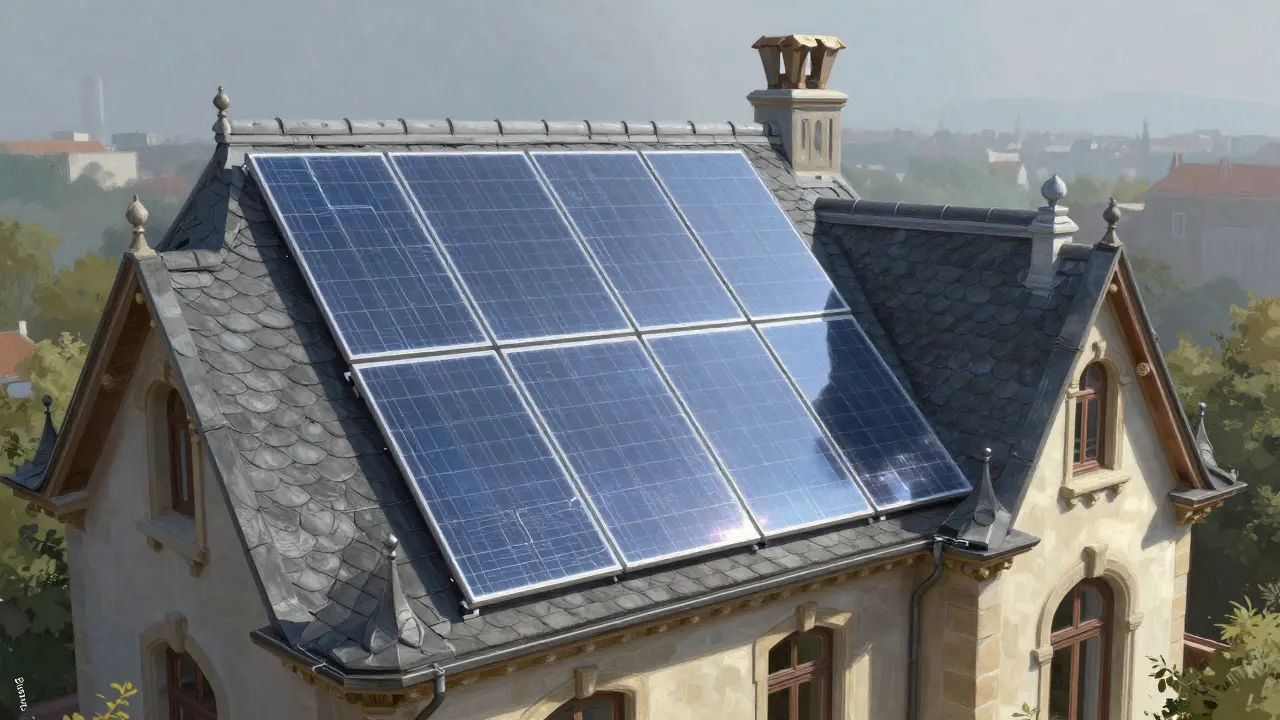 Zukünftige transparente Solardachziegel, die wie echte Dachplatten aussehen, aber Strom erzeugen.