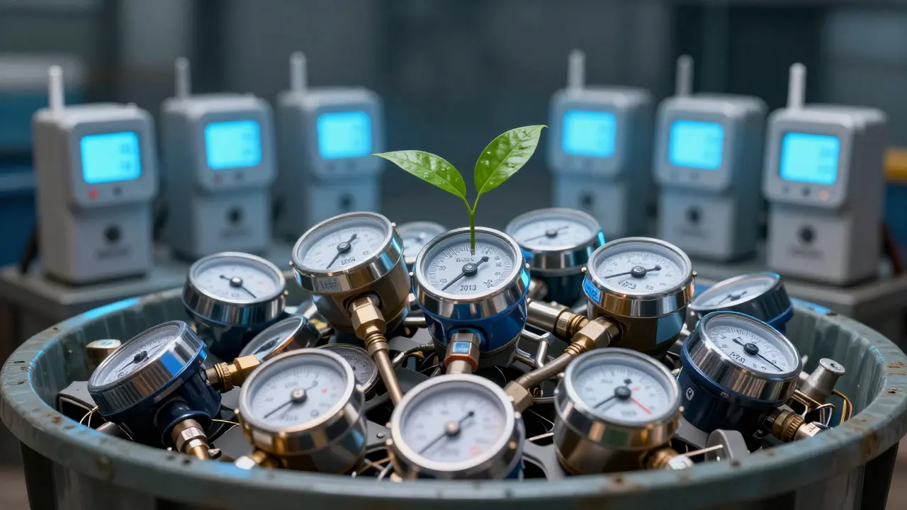 Ablage abgelaufener Wasserzähler neben funktionsfähigen Funkzählern.