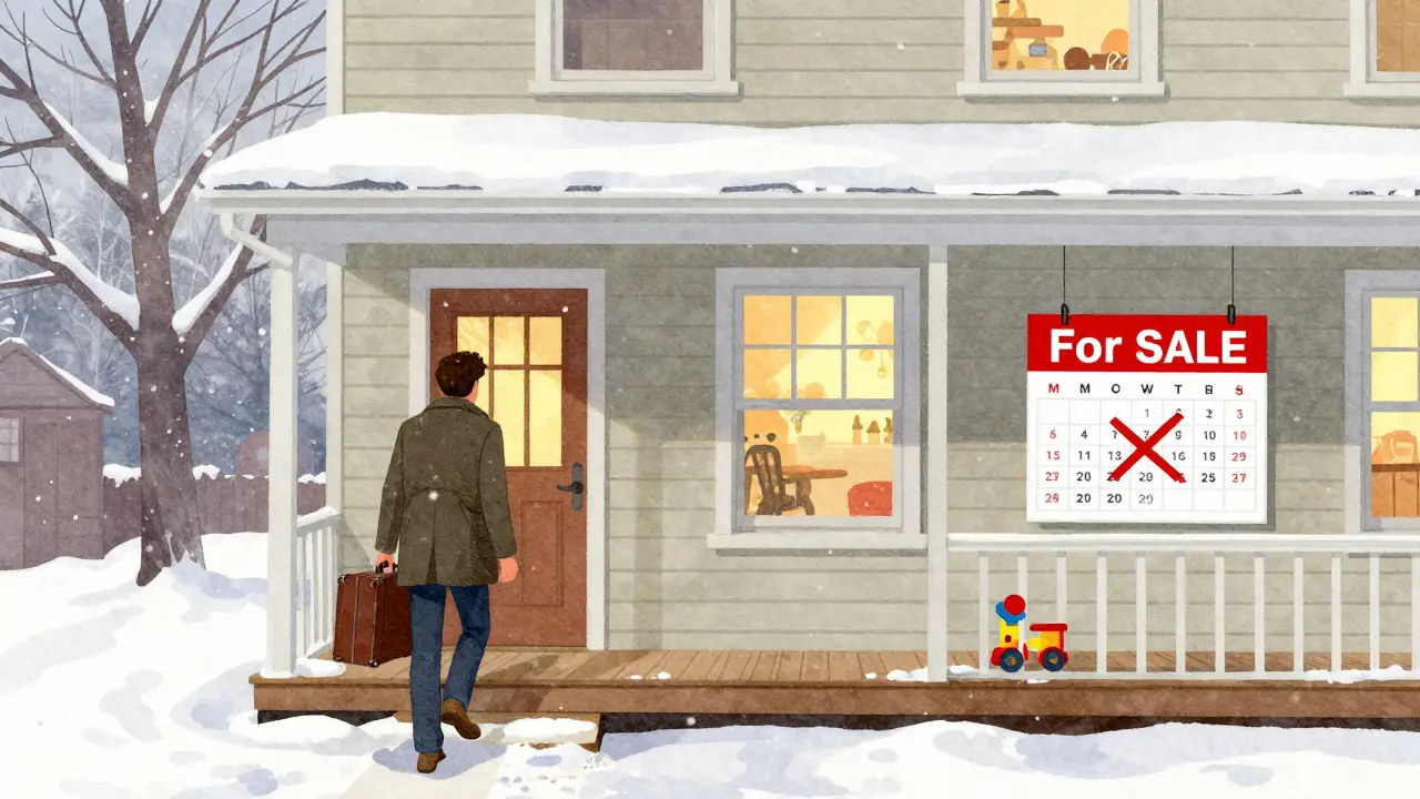 Aufteilungsszene: Ein Mann verlässt das Haus im März, im November steht es zum Verkauf, ein Kinderspielzeug bleibt auf der Veranda.