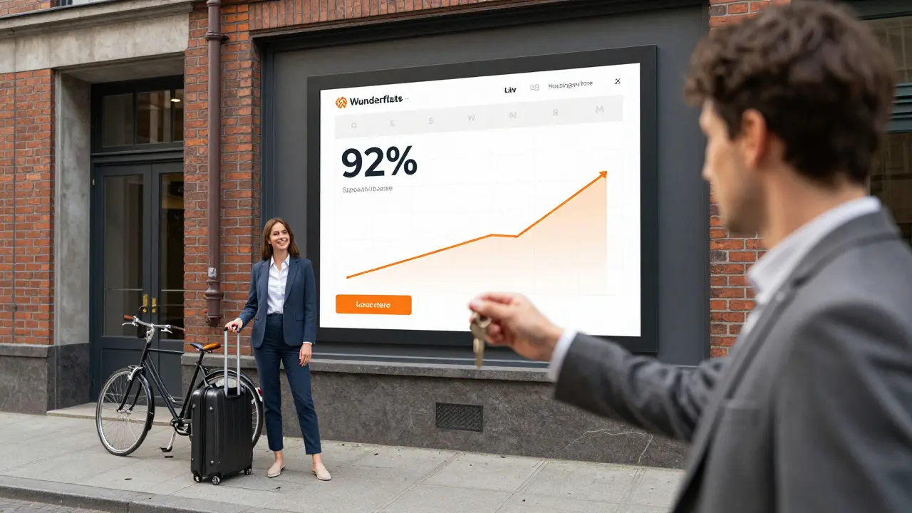 Berufstätiger erhält Schlüssel für Zeitwohnung vor einem Gebäude mit digitalen Mietdaten im Hintergrund.