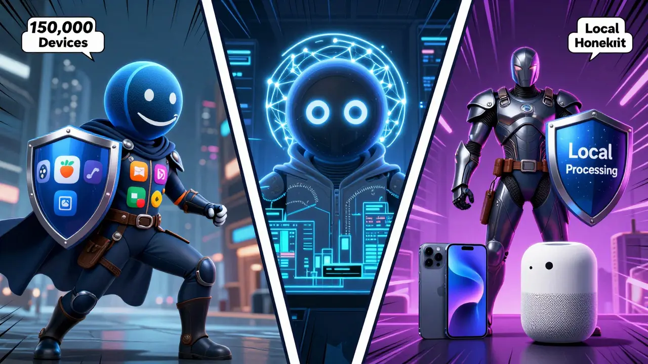 Comic-Stil-Darstellung der drei Smart-Home-Assistenten Alexa, Google Assistant und HomeKit als kämpfende Helden mit Geräte-Schildern.