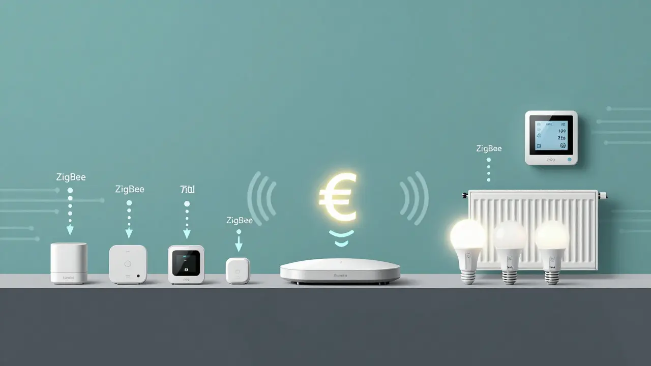 Cross-Section einer Smart-Home-Installation mit Sensoren, die Energieeinsparungen visualisieren.