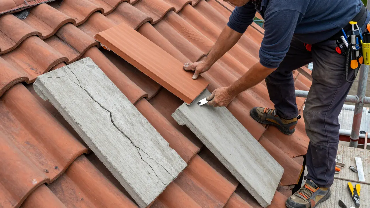 Ein Dachdecker ersetzt einen beschädigten Tonziegel neben einem gerissenen Betondachstein.