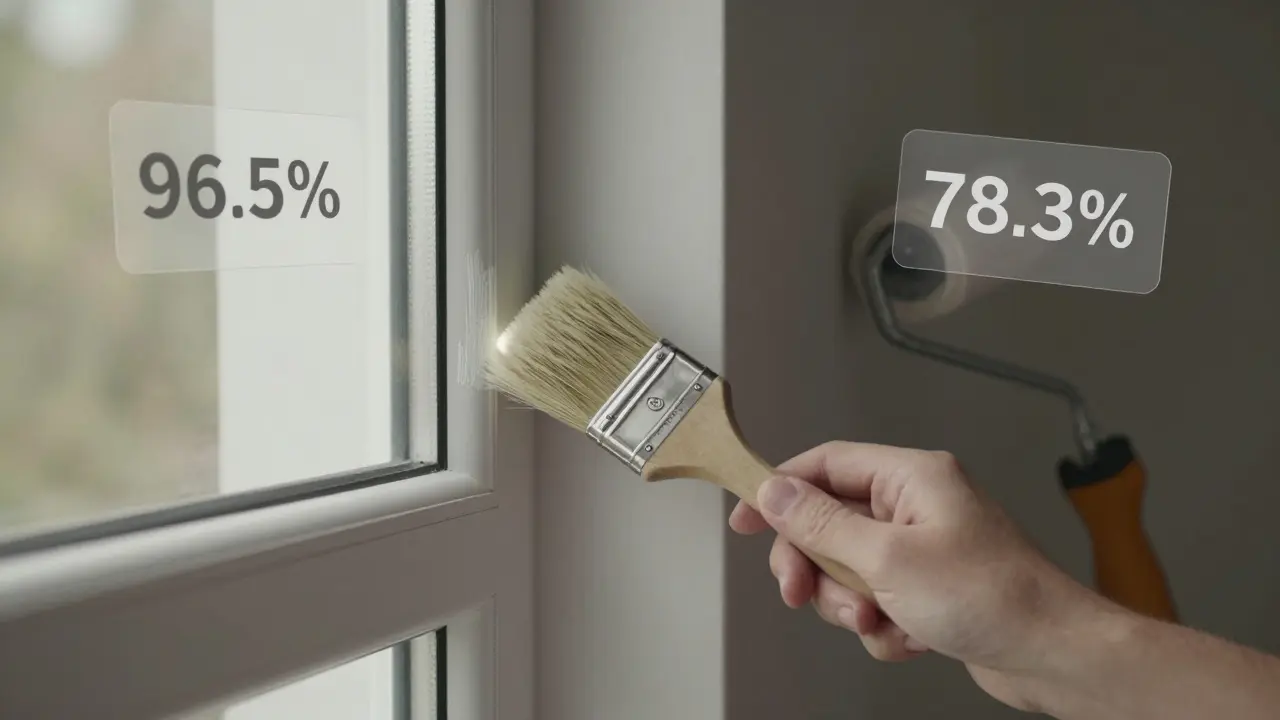 Ein Premium-Pinsel mit Biberhaar zeichnet eine perfekte Kante am Fensterrahmen, während eine Walze daneben ungleichmäßig streicht.