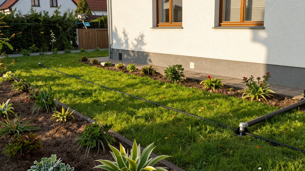 Einfamilienhaus mit Grauwasser-Bewässerungssystem, das den Garten mit recyceltem Wasser versorgt.