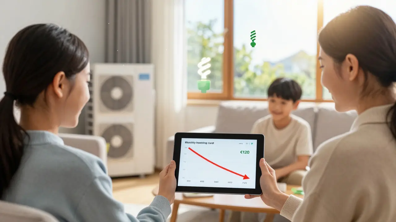 Familie in gemütlichem Wohnzimmer, Tablet zeigt sinkende Heizkosten, Wärmepumpe außen, Sonnenlicht strömt durch das Fenster.