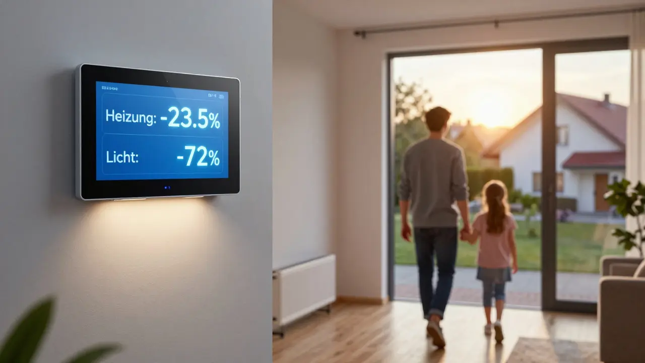 Familie verlässt das Haus, während Smart-Systeme Heizung und Licht automatisch abschalten.
