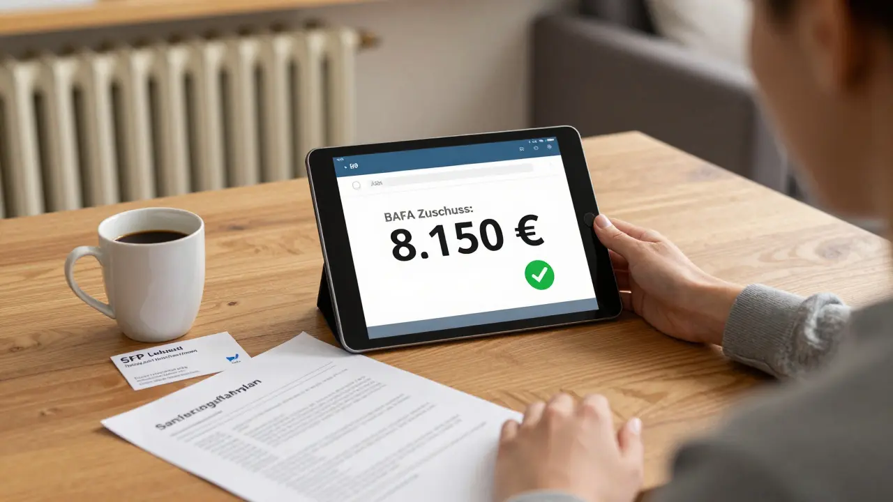 Hausbesitzer erhält BAFA-Zuschuss von 8.150 € auf Tablet, Sanierungsfahrplan liegt daneben.