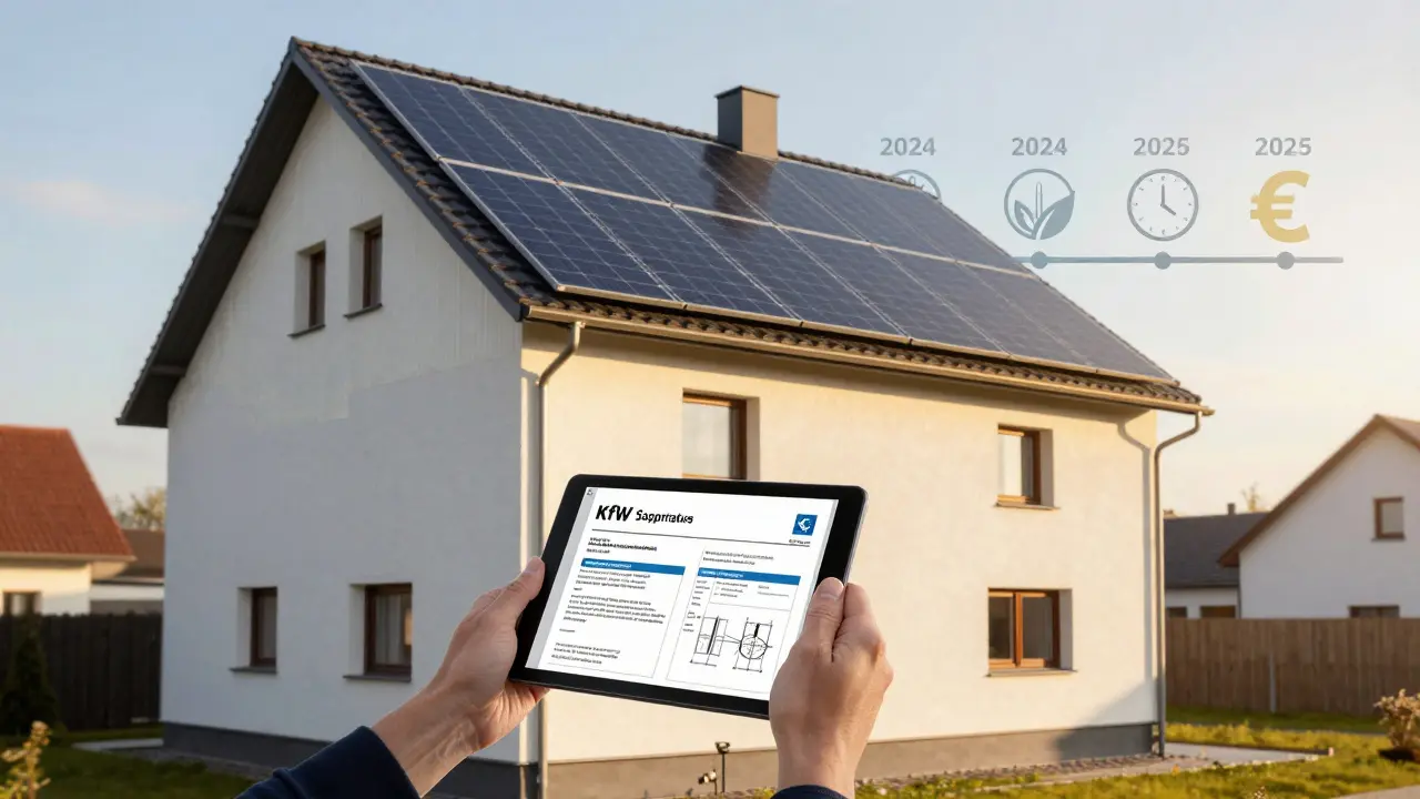 Hausbesitzer mit digitalen Förderunterlagen vor einem gedämmten Haus mit Solaranlage, ab 2026 gesetzliche Anforderungen im Hintergrund.