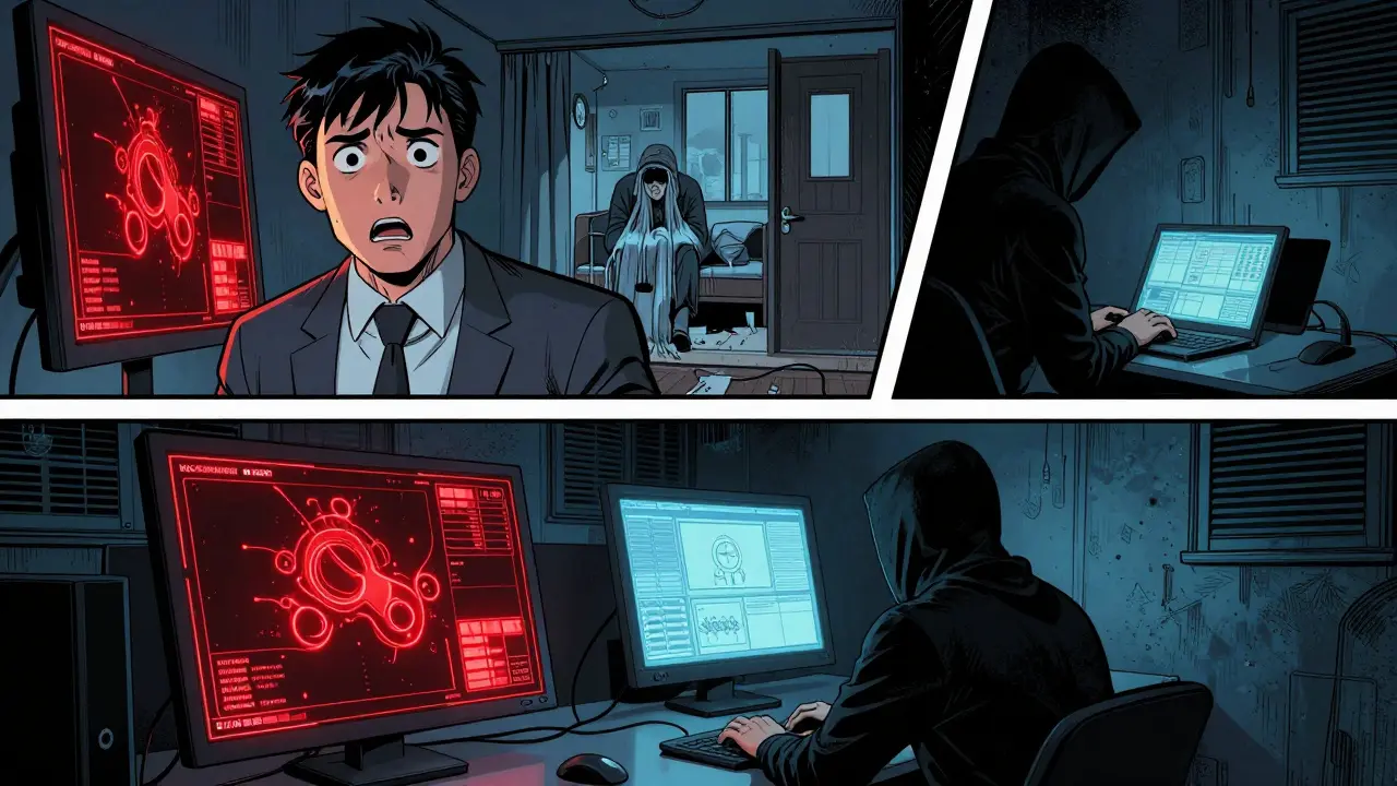 Immobilienmanager vor Alarmbildschirm, daneben kalte Wohnung und Hacker im Schatten — Cyberangriff mit Folgen.