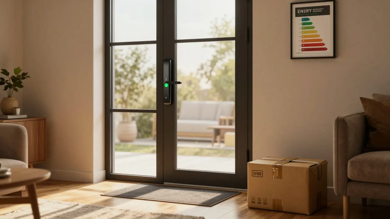 Innenansicht einer modernen Haustür mit smartem Schloss und Sonnenlicht, das durch Dreifachverglasung fällt, in einem gemütlichen Wohnzimmer.