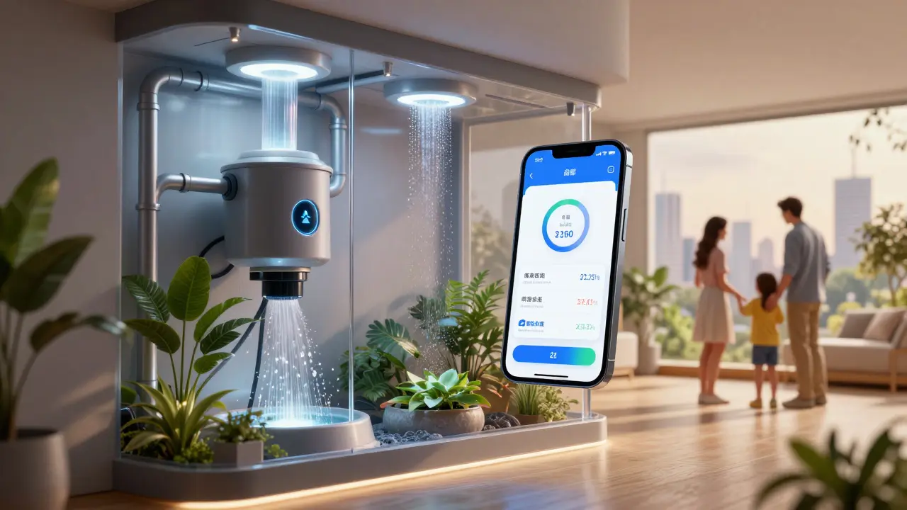 Konzeptbild einer IoT-Grauwasseranlage mit Smartphone-App, die Wassersparwerte in Echtzeit anzeigt.