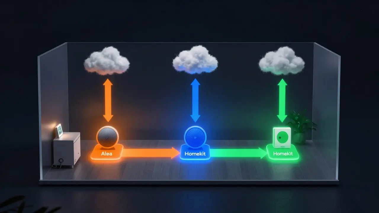 Konzeptuelle Darstellung eines Smart Homes mit drei Datenwegen für Alexa, Google und HomeKit – nur HomeKit bleibt lokal im Haus.