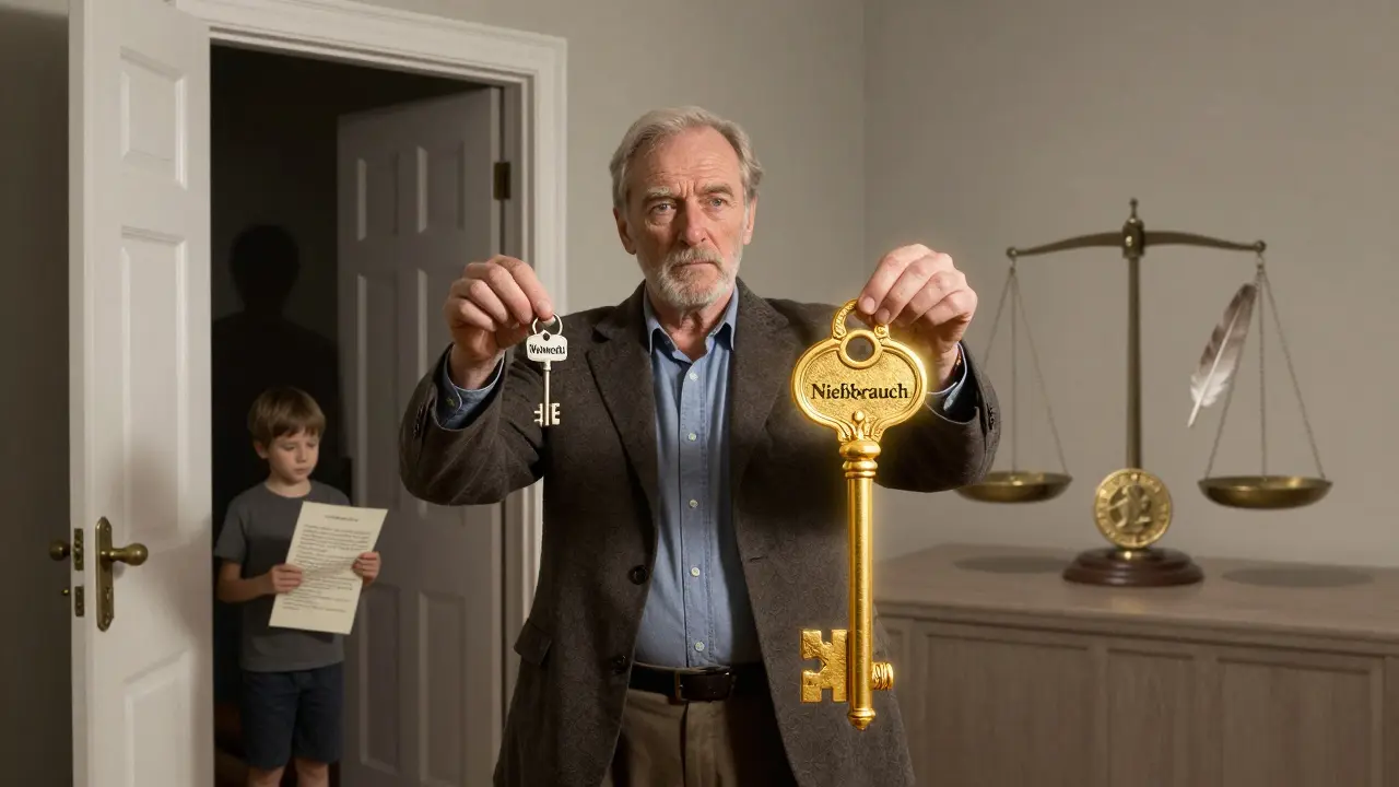 Mann an Haustür mit zwei Schlüsseln: Wohnrecht und Nießbrauch, symbolisch dargestellt.