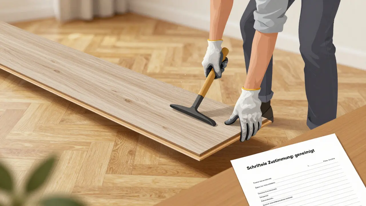 Mieter entfernt Laminatboden, um den ursprünglichen Bodenbelag freizulegen.