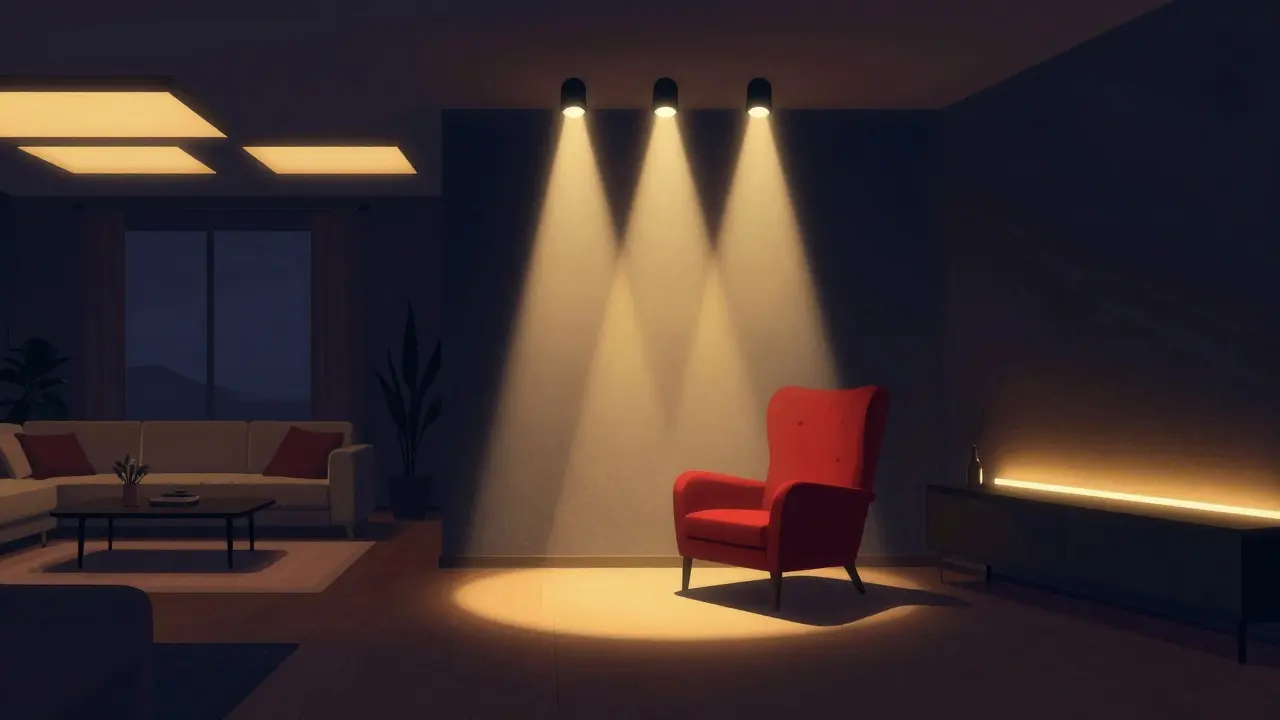 Modernes Wohnzimmer mit drei Lichtschichten: indirektes Grundlicht, fokussierte Spots auf einer Wandtextur und verborgene LED-Streifen unter Möbeln.