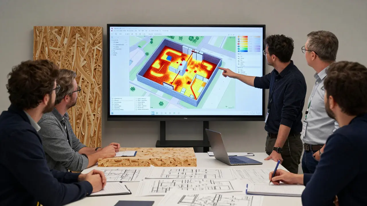 Planungsteam in Berlin, das ein 3D-BIM-Modell mit Brandschutzsimulationen bespricht, um baurechtliche Anforderungen zu erfüllen.