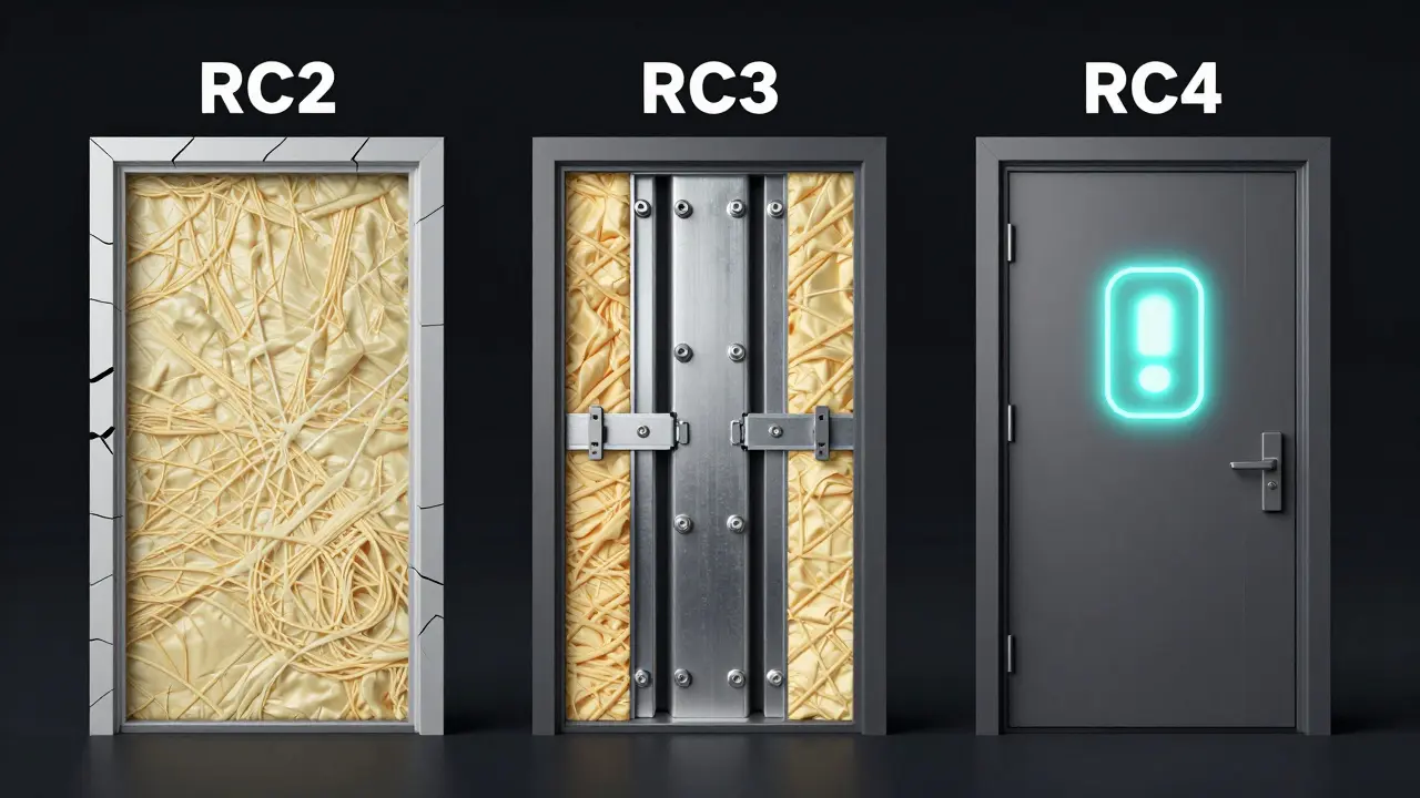 Querschnitt-Darstellung von drei Sicherheitsklassen von Haustüren: RC2, RC3 und RC4 mit detaillierten Verriegelungen und Dämmstoffen.