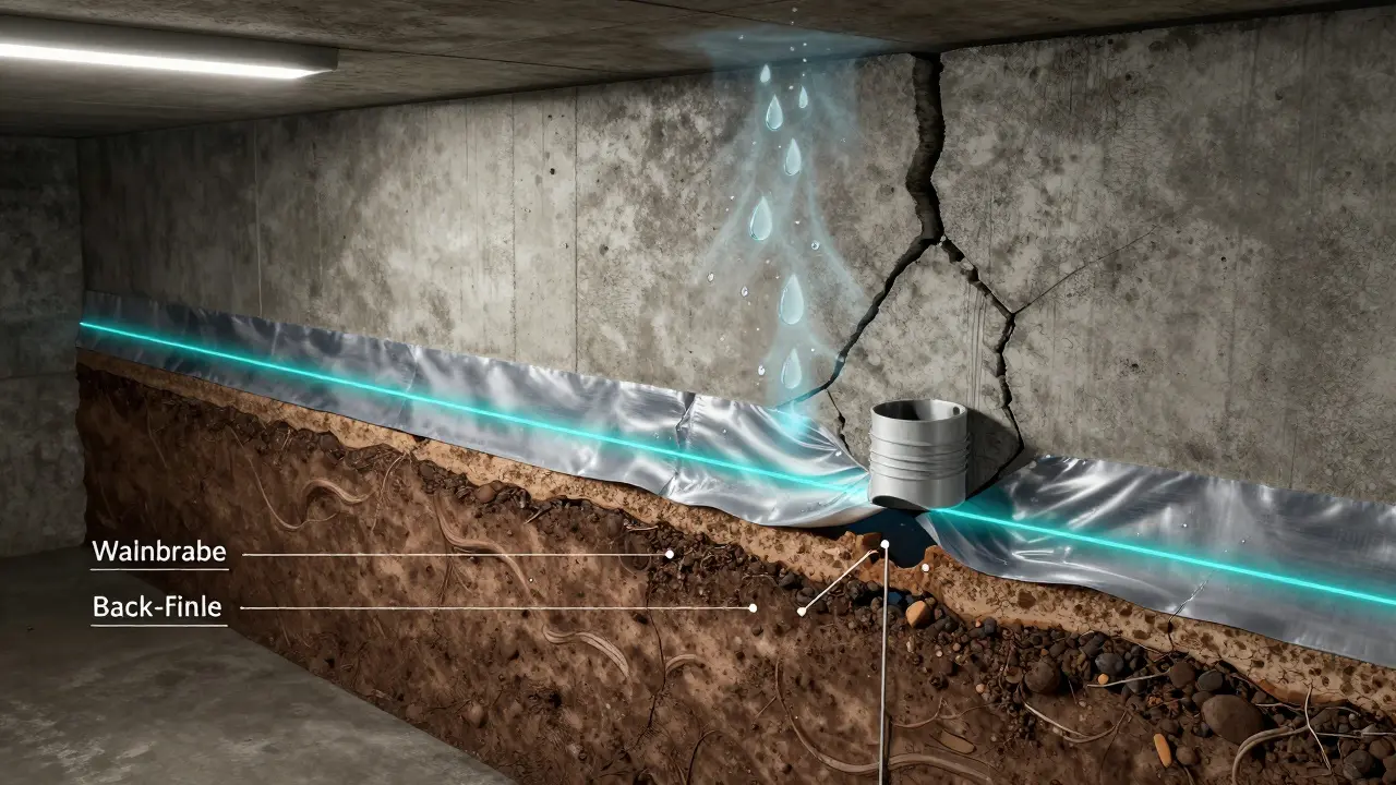 Querschnitt einer Kellerwand mit Dichtschlämme, die Wasser abhält, aber Dampf entweichen lässt.