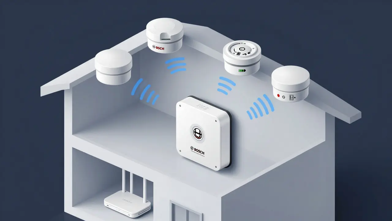 Querschnitt eines Hauses mit drahtlos vernetzten Rauchmeldern und zentralem Controller, keine WLAN-Symbole.