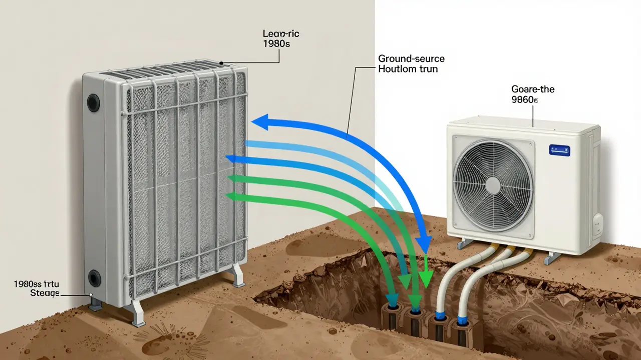 Technische Darstellung des Austauschs: alte Elektroheizung wird entfernt, neue Erdwärme-Pumpe mit Bohrloch-Anlage installiert.