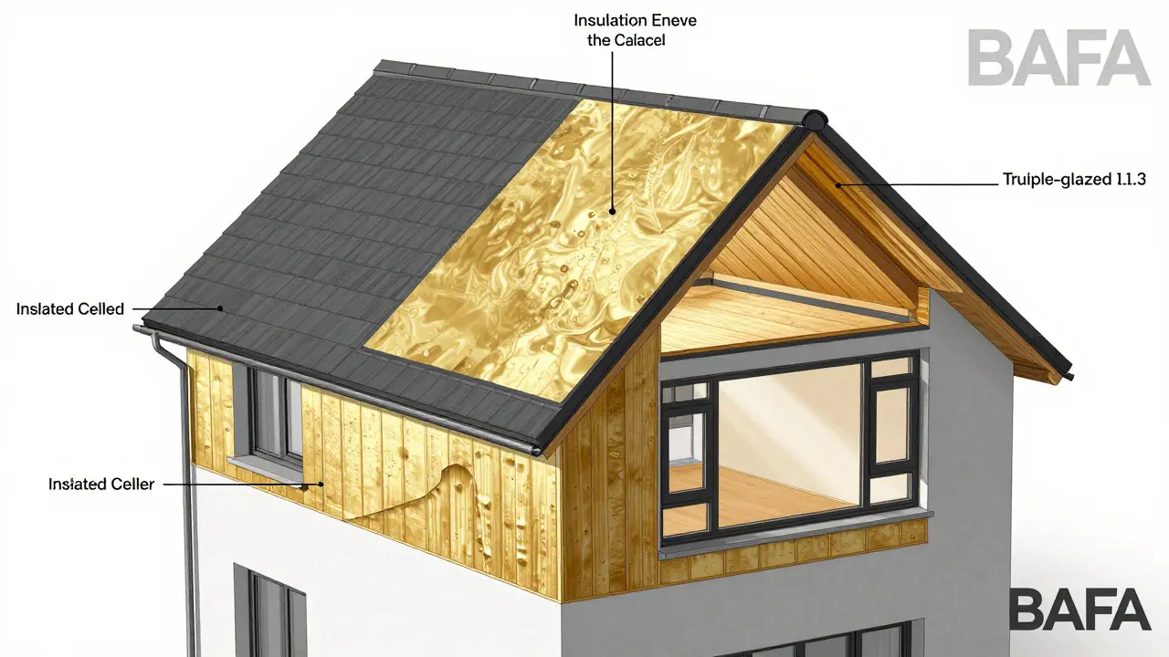 Technische Schnittansicht eines Hauses mit vier geförderten Dämmmaßnahmen: Dach, Fassade, Kellerdecke, Fenster.