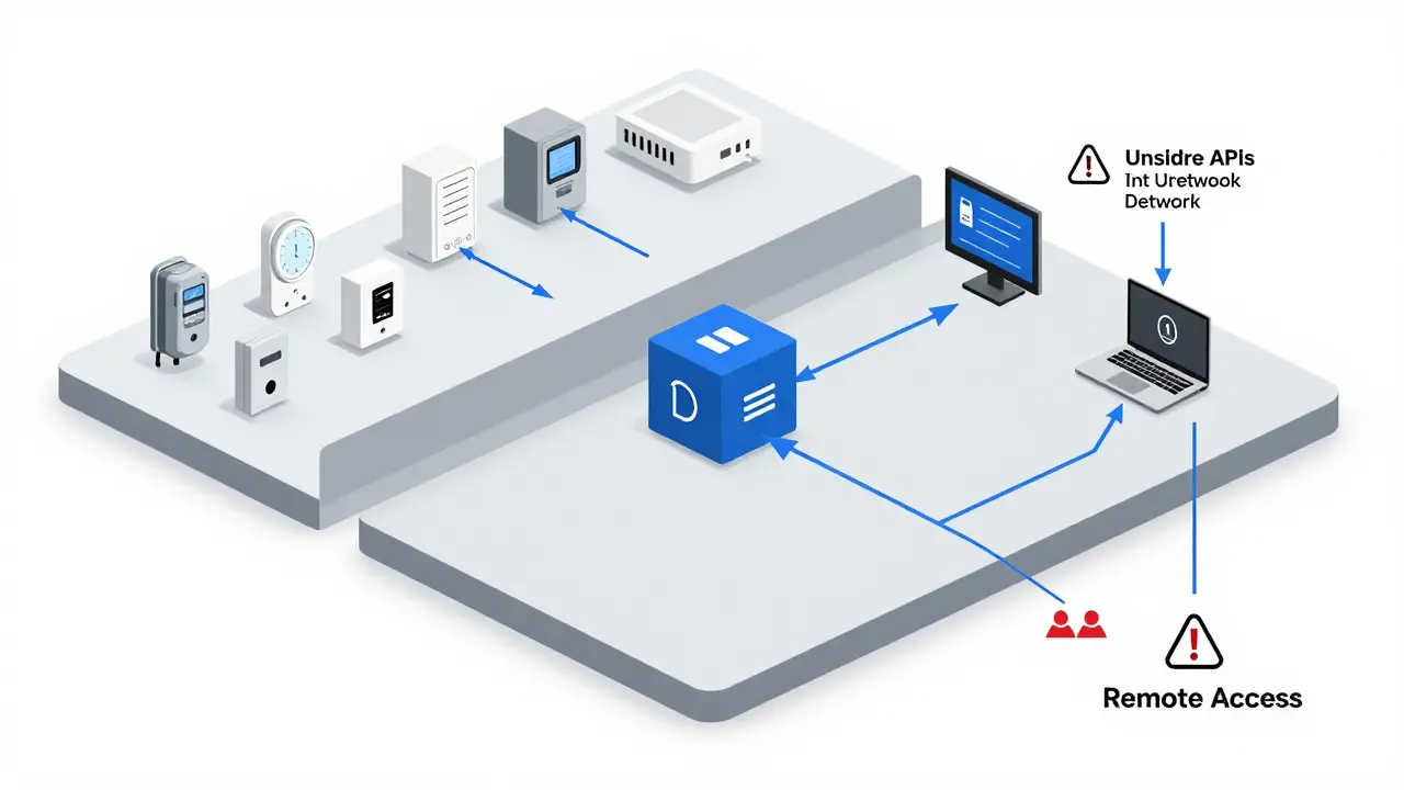 Technisches Netzwerkdiagramm mit getrennten VLANs für Gebäude- und Büro-Systeme und Sicherheitswarnungen.