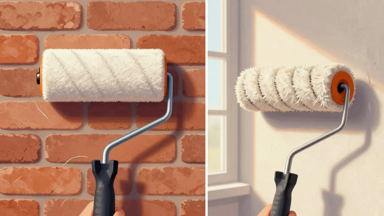 Vergleich: Eine Polyamid-Walze auf rauer Ziegelwand gegenüber einer verschmutzten Polyacryl-Walze mit abgebrochenen Fasern.
