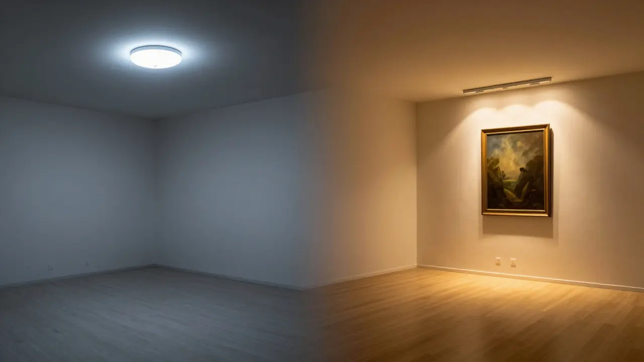 Vergleich eines kalten, schlecht beleuchteten Raums (links) mit einem warmen, mehrschichtig beleuchteten Raum (rechts), der einladender und räumlich tiefer wirkt.