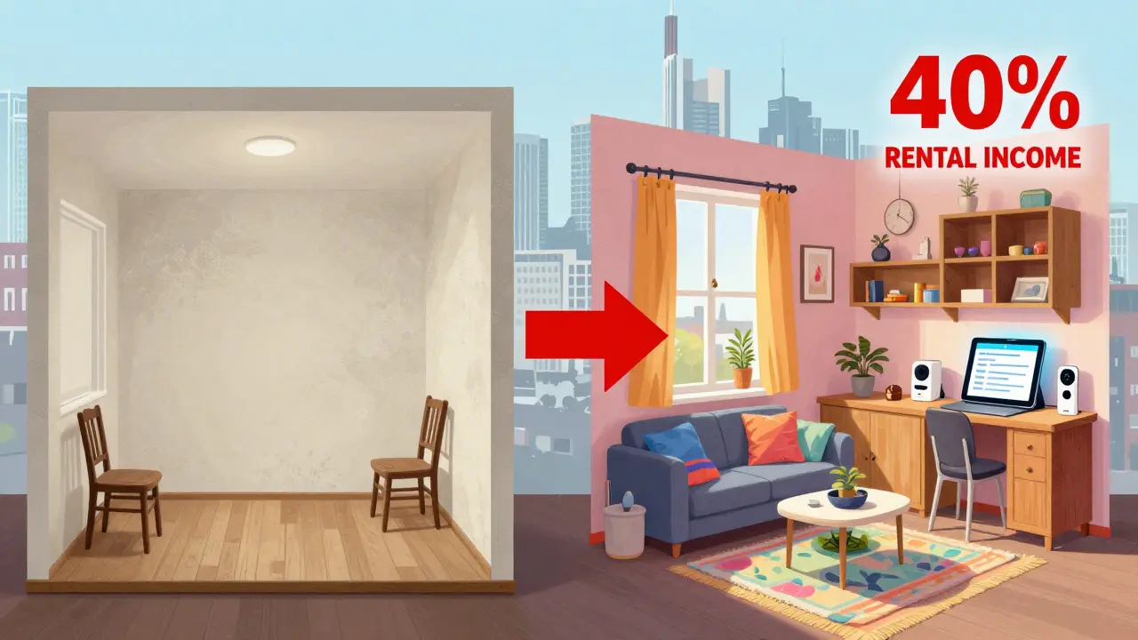 Vergleich zweier Wohnungen: eine leer und eine vollständig eingerichtet, mit Pfeil für höhere Miete.