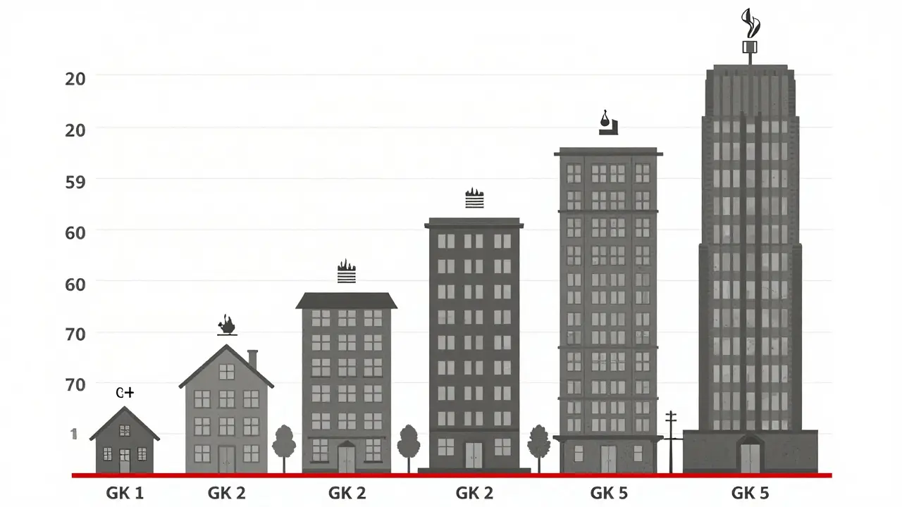 Visuelle Darstellung der fünf deutschen Gebäudeklassen mit Höhenangaben und Brandschutzanforderungen als architektonische Silhouetten.