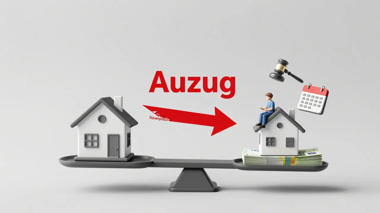 Waage mit Haus und Geldstapel, ein Kind auf der Hausseite, juristische Symbole schweben daneben, minimalistischer Stil.