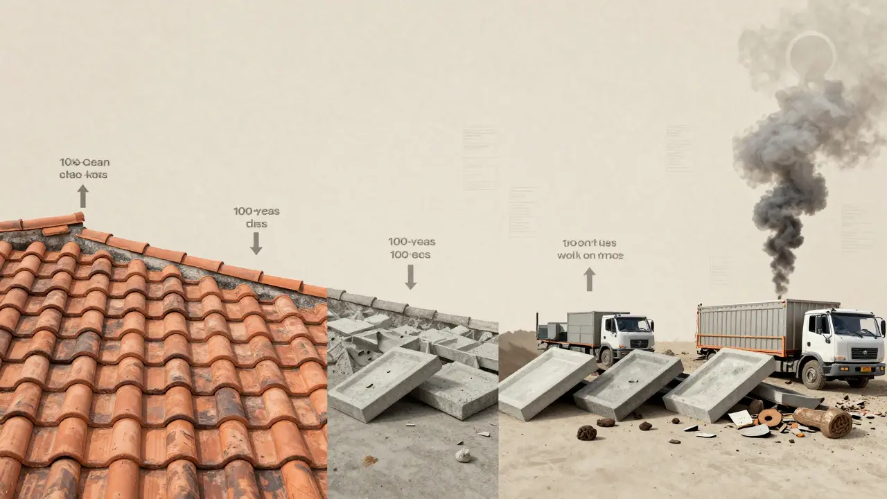 Zeitlicher Vergleich: Ein Dachziegel hält 100 Jahre, Betonsteine müssen zweimal ersetzt werden.