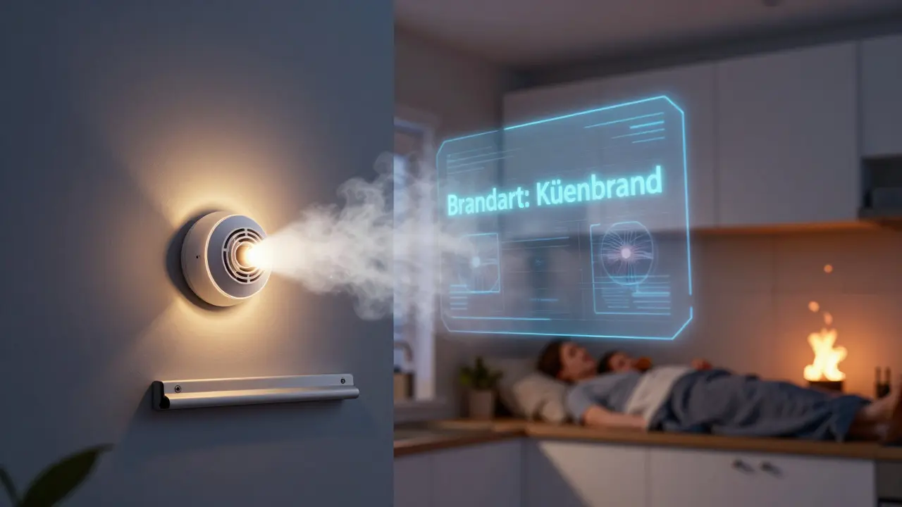 Zukunfts-Smart-Home: Rauchmelder schaltet Lichter, Rollläden und Lüftung automatisch ein, Familie schläft sicher.