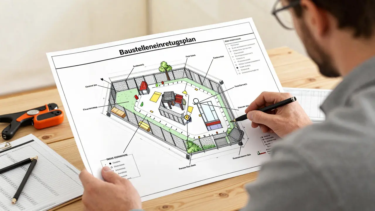 Bauherr und Vermesser analysieren einen Baustelleneinrichtungsplan mit gekennzeichneten Zonen für Sicherheit und Logistik.