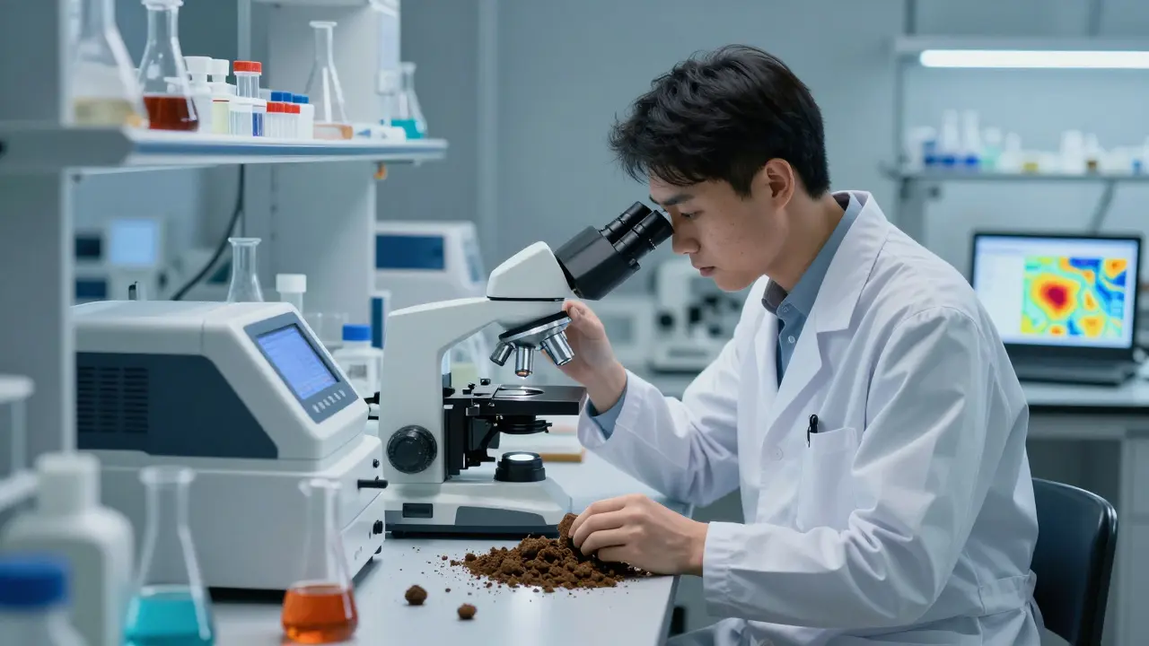 Bodenforscher analysiert Bodenproben im Labor unter Mikroskop.