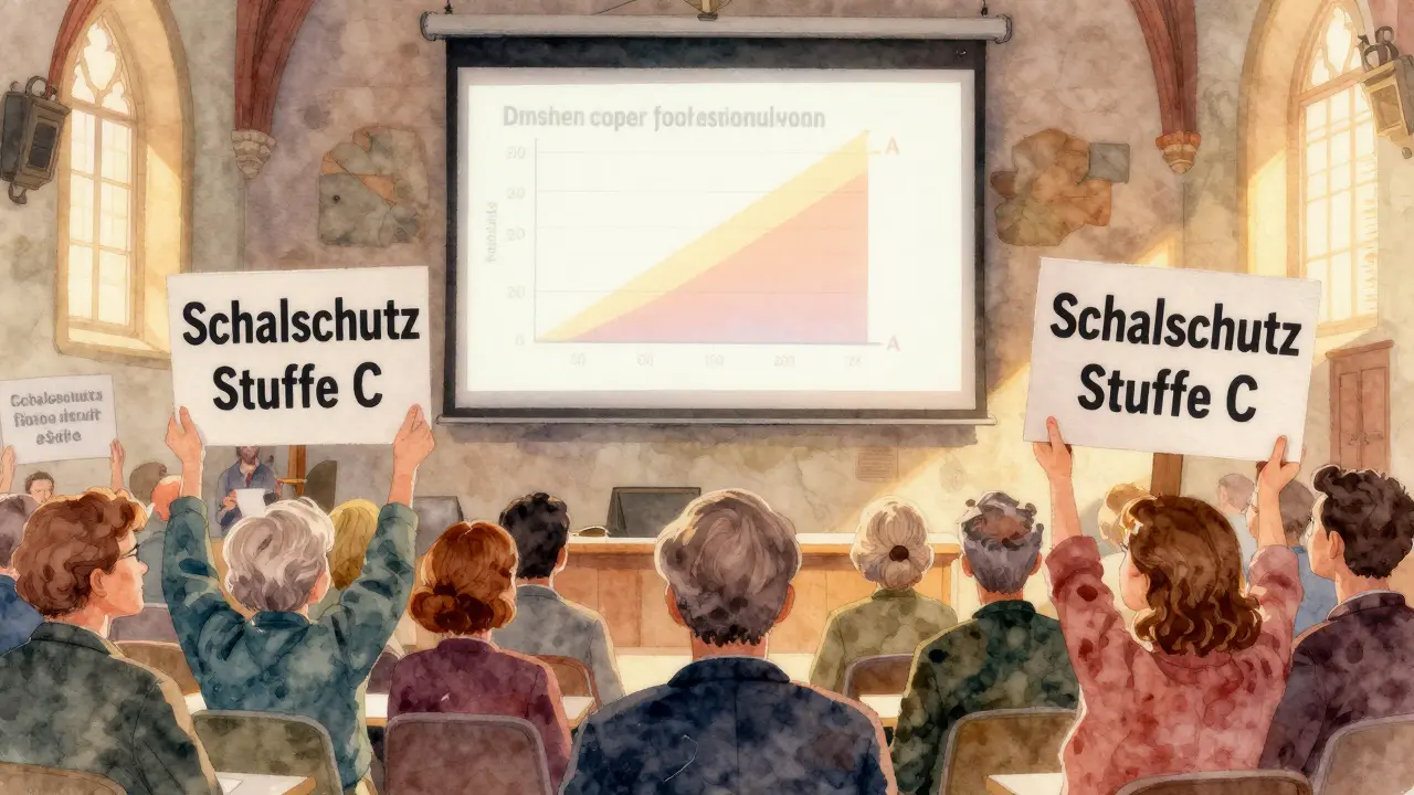 Bürgerversammlung in Rathaus, Anwohner fordern besseren Schallschutz in Bebauungsplänen.