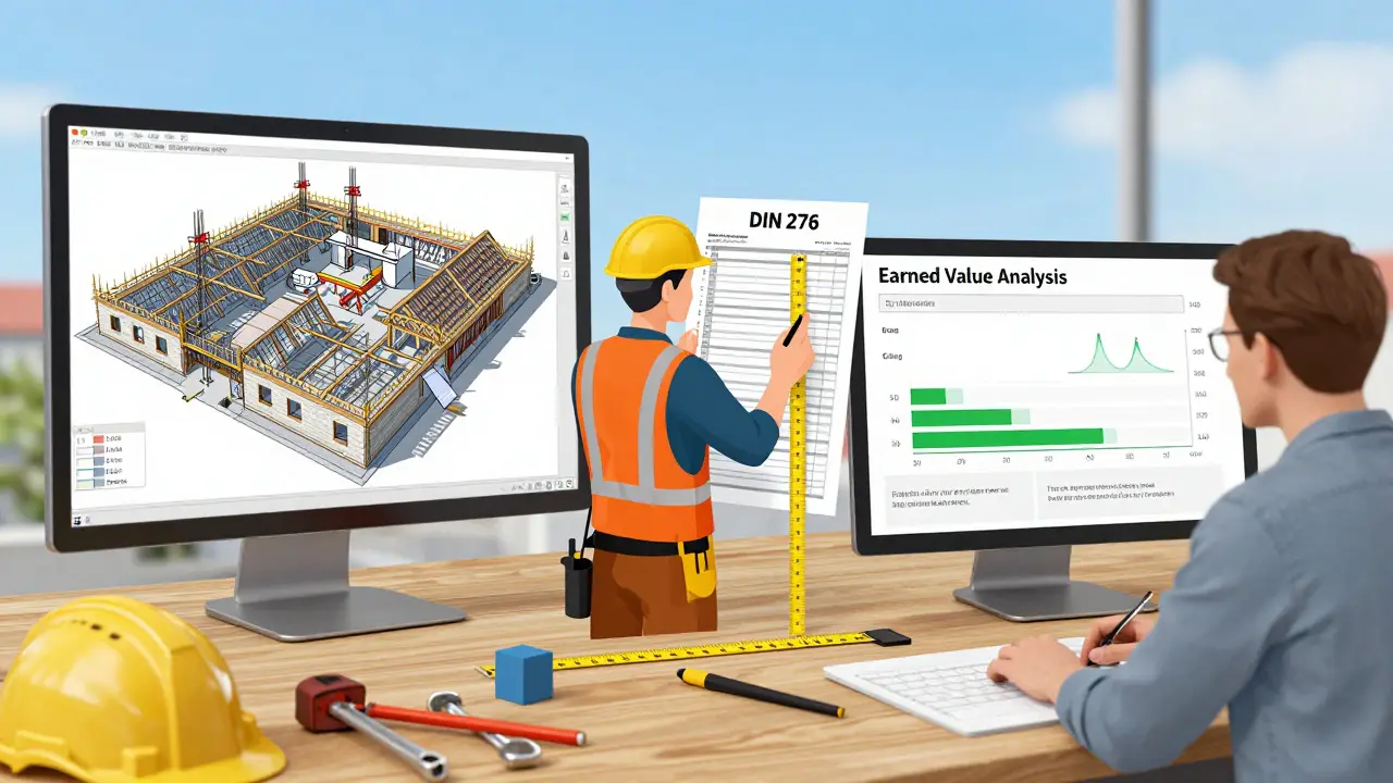 Drei Methoden zur Kostenkontrolle bei Sanierungen: BIM-Modell, DIN 276-Checkliste und EVA-Dashboard auf einer Baustelle.
