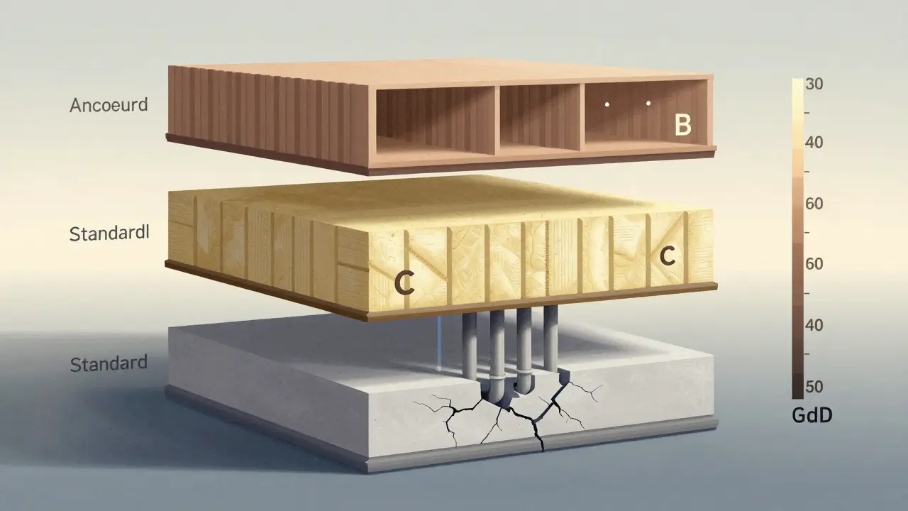 Drei Schichten eines Gebäudes zeigen den Aufstieg vom Mindestschallschutz bis zum hohen Komfortstandard mit Dämmtechniken.