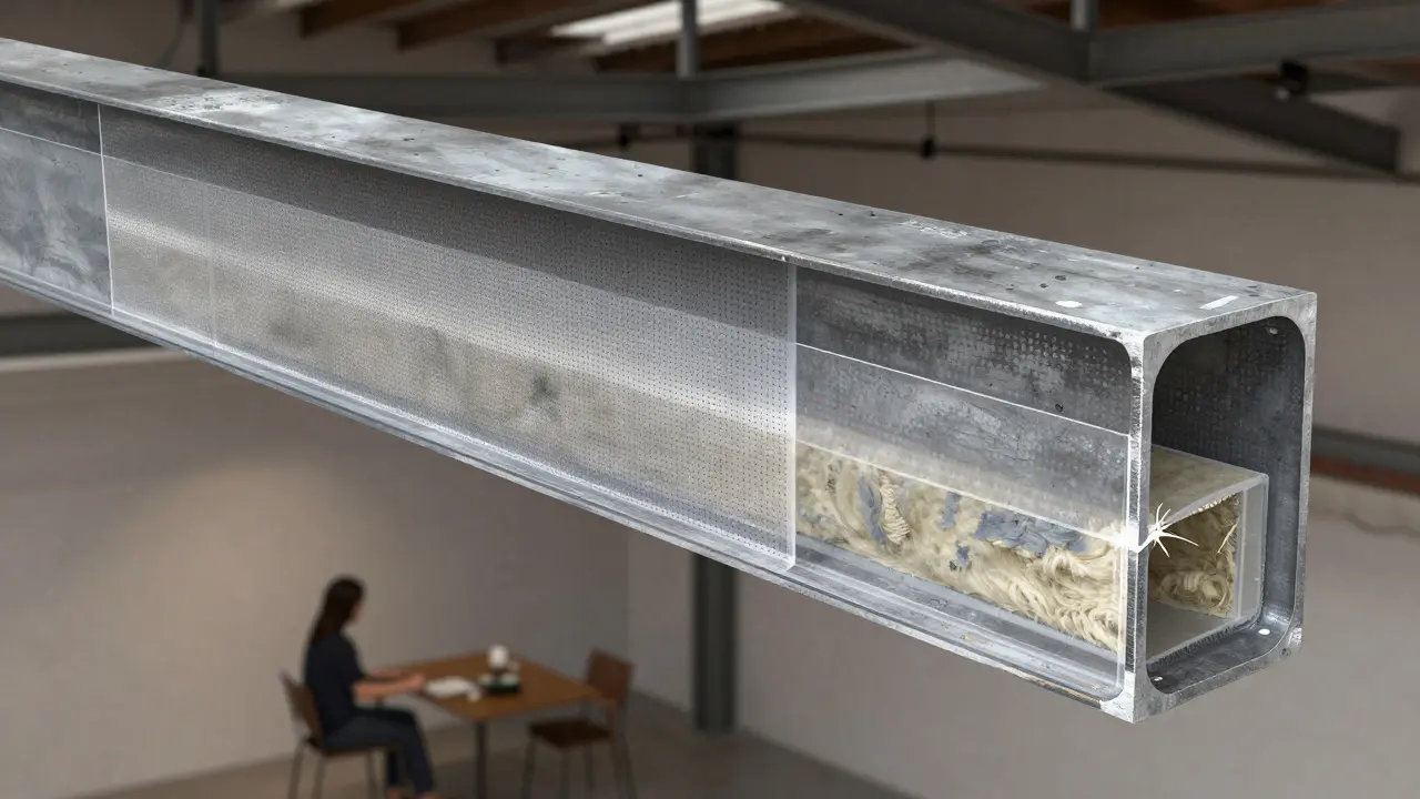 Durchsichtige, mikroperforierte Hülle um einen Stahlträger, unsichtbare Schallabsorption.