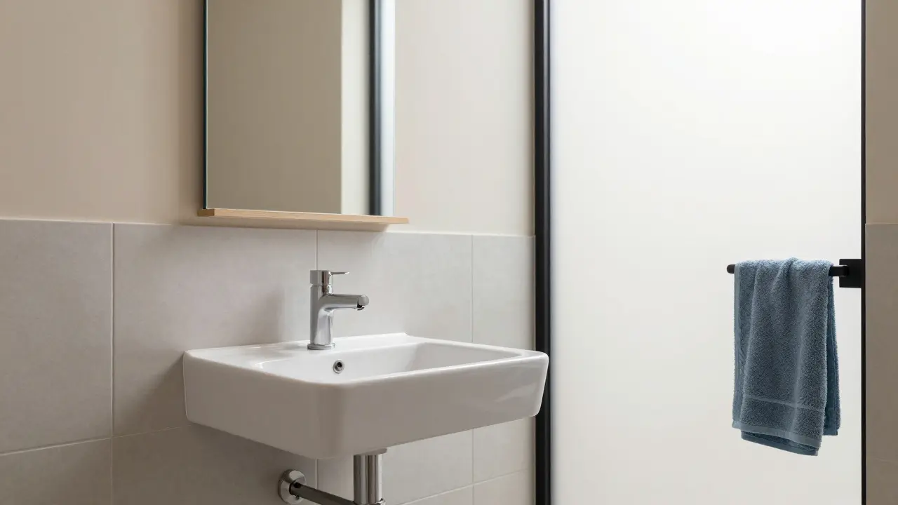 Ein kleines, minimalistisches Badezimmer mit spiegelverkleidetem Schrank, milchigem Fenster und cremeweißen Fliesen in harmonischer Farbtonabstimmung.