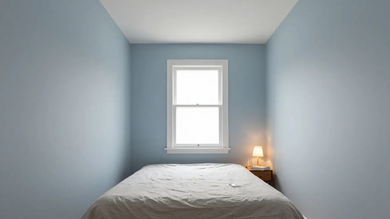 Ein kleines Schlafzimmer mit hellblauen Wänden und hellem Deckenanschlag, das durch Tageslicht größer wirkt und Ruhe vermittelt.