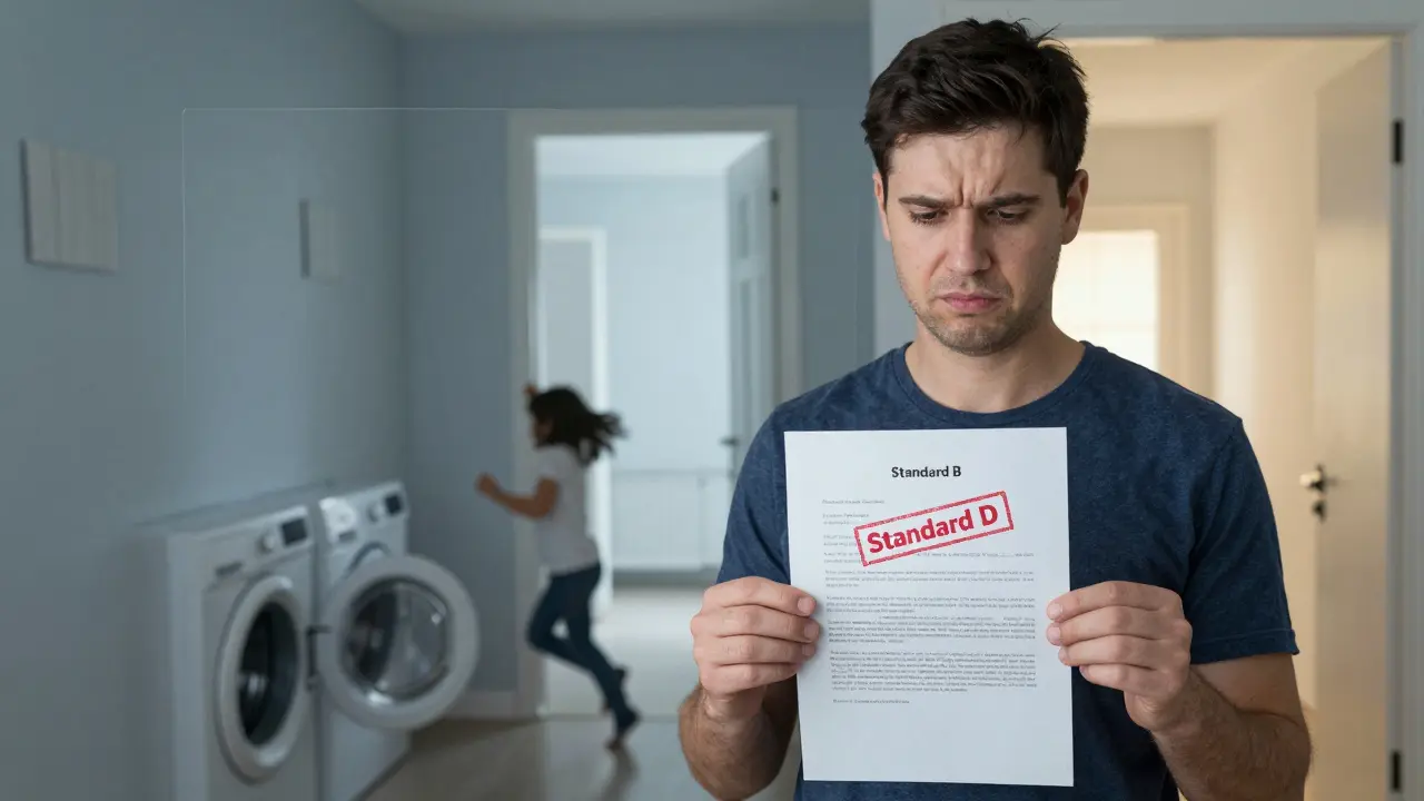 Ein Mieter hält einen Vertrag mit Standard D, während Lärm aus den Wänden dringt – im Hintergrund ein ruhiges, idealisiertes Apartment.